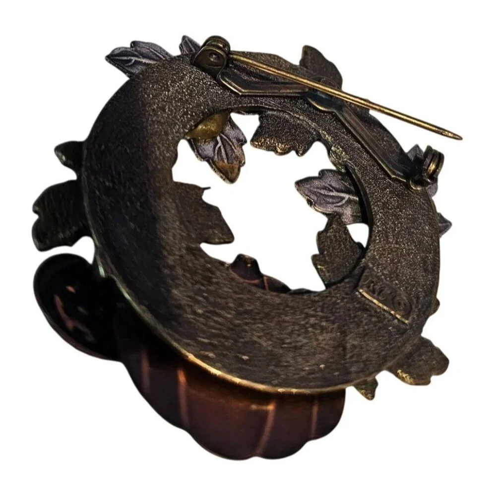 KC Autumn Harvest Pumpkin Maple Leaves Wreath Brooch Fall Themed Brooch Pin 2